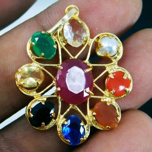 Navratna Gemstone Pendant – 9 Planet Healing Stones Handmade Gold Plated Jewelry - Picture 1 of 7