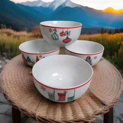 American Atelier Porcelain Bowls 5 1/2" Cereal Soup Christmas Holiday Set of 4 - Image 1 of 4