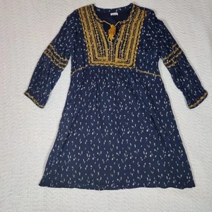 Garnet Hill Artist Embroidered Gauze Dress in Navy/Gold size 16 Bohemian Artsy - Picture 1 of 13