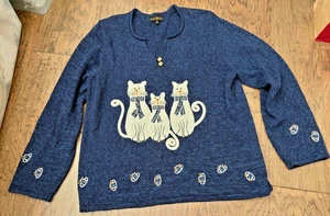 Cinnamon & Cinder Blue Sweater Kitten Appliqué Beads Paw Print Cat Lady Size XL - Picture 1 of 6