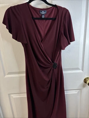 Woman’s Cocktail Dress Sz 12 Faux Wrap  Ruffle Sleeves Burgundy American Living - Image 1 of 3