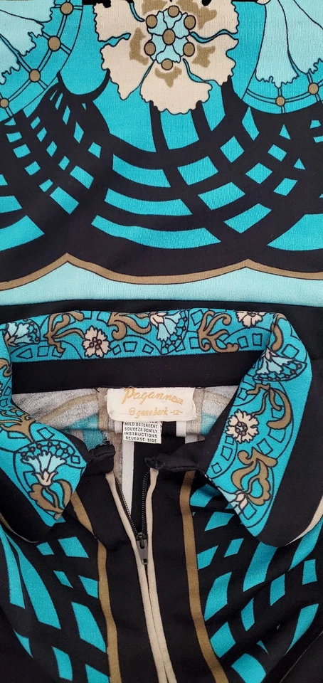 Vestido Vintage Paganne by Gene Berk Negro Turquesa Abertura Lateral Manga Larga Cremallera Años 70 Foto 1 de 4