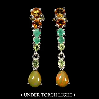 925 Sterling Silver Earrings Pear Fire Opal Citrine Emerald Gemstone Jewelry - Image 1 of 4