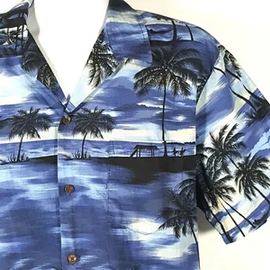 RJC Hombre 2XL Camisa Azul Aloha Hawaiana Tropical Atardecer Playa Palmas SS - Imagen 1 de 7