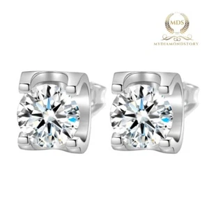Moissanite Women's Solitaire Stud Earrings 2 CT Round Cut Solid 14K White Gold - Picture 1 of 8