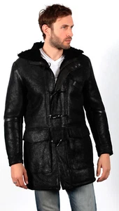 Abrigo de lona con capucha 100 % piel de oveja negro para hombre - Imagen 1 de 3