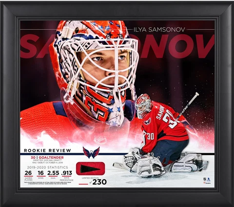 Ilya Samsonov Capitals FRMD 15x17 Rookie Review Collage w/Piece GU Puck LE/230 Cover