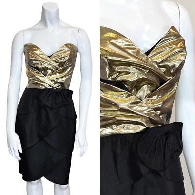 Vintage 80’s METALLIC PARTY DRESS S Prom Cocktail Gold Black BOW Glam Taffeta - Image 1 of 4