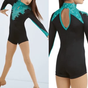 WEISSMAN Dance Costume biketard aqua lace applique Hallowed Ground 11084 MA - Picture 1 of 10