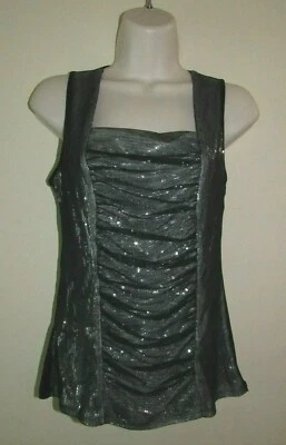 Womans Petite PS Small Gray Sequin Sleeveless Top Tank Rouched Bodycon Goth - Image 1 of 4