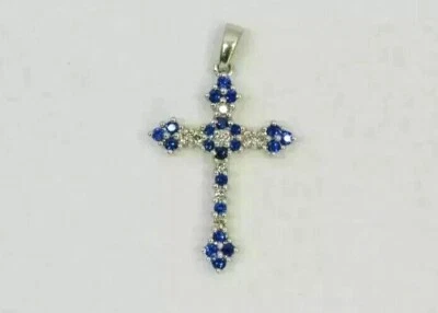 2Ct Lab-Created Round Cut Sapphire Cross Pendant 14K Micro White Gold Plated - Image 1 of 4
