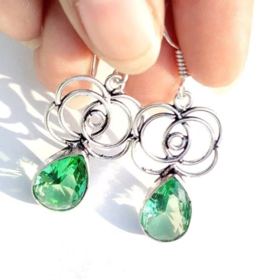 Green Peridot Gemstone 925 Sterling Silver Ethnic Handmade Jewelry Earrings 1.9" - Image 1 of 4