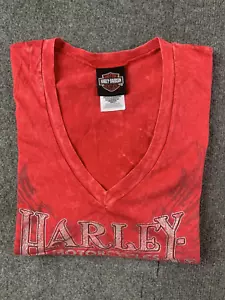 Harley Davidson Womens 100% Cotton Short Sleeve V Neck Acid Wash T- Shirt Size L - Foto 1 di 10