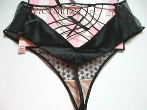 VICTORIA'S SECRET VERY SEXY Black High Waist Thong Panty M MEDIUM Lace-Up LUXE - Picture 1 of 5