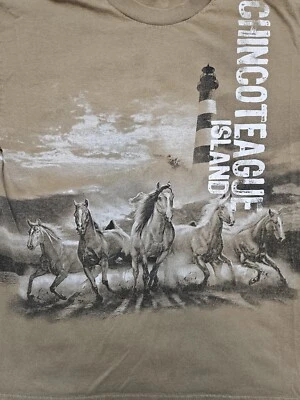 Vtg Chincoteague Island Equestrian Horse AOP Double-sided Brown Shirt Mens Med - Image 1 of 4