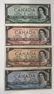 Lot of 4 Canadian Bank of Canada Notes 1954 $1, (2) 1954 $2 & 1954 $5 - Picture 1 of 2