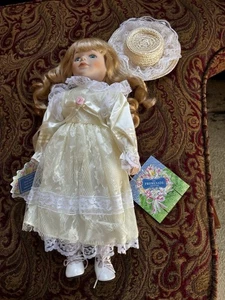 Victoria Porcelain Doll  White Dress Blonde Hair The Promenade Collection W/ Hat - Picture 1 of 14