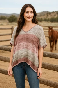 Knox Rose Poncho Womens S/M Gray Ombre Striped Knit Vneck Boho Top Poncho Topper - Picture 1 of 10