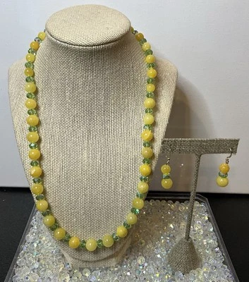 Collar de cuentas de cristal verde lima y calcedonia amarilla hecha a mano 18k GP pendientes B Foto 1 de 4