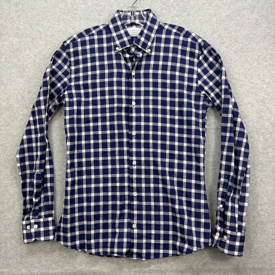 Camisa Ledbury Para Hombre Mediana 15.5 Azul Cuadros Guinga Calce A Medida Ajustado Mezcla de Lino Foto 1 de 4