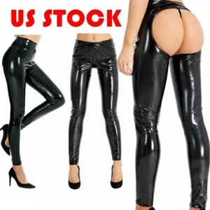 Women Wetlook Skinny Pants Patent Leather Legging Open Crotch Open Butt Trousers - Picture 1 of 33