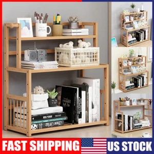 3 Layers Bamboo Desktop Bookcase Organizer Table Storage Bookshelf Rack Office - Picture 1 of 4