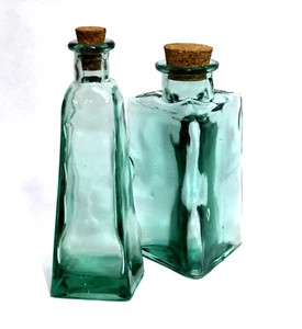 Glass Bottles Light Green Square & Triangle Shape Cork Stopper Set 2 - Picture 1 of 5
