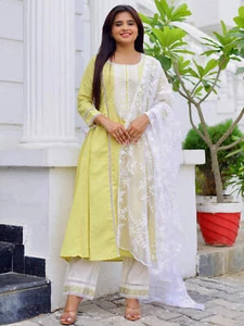 Green Embroidered Silk Blend A-Line Kurta with Trousers & Dupatta - Picture 1 of 15