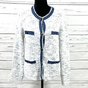 Sioni Sweater Women’s cardigan Button Down Eggshell/Blue Wool Blend Sz M NWT - Picture 1 of 10