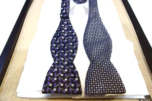 Edward Armah Silk Bow Tie 2" Reversible Black Gray Purple Floral Pin Dot - Picture 1 of 3