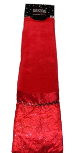 Large 60” Christmas Shoppe Tree Skirt Red Sequin Poinsettia Satin Embroidery - Picture 1 of 4