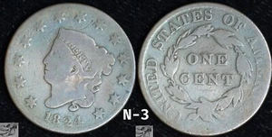 1824 Coronet Head Large Cent, Scarce N-3 Variety, Very Good Condition, C6290 - Picture 1 of 3