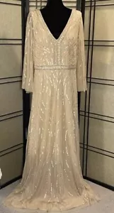 Adrianna Papell Dress Size 16 Illusion 40462 Taupe Split Sleeve Caped Sequin - Picture 1 of 21