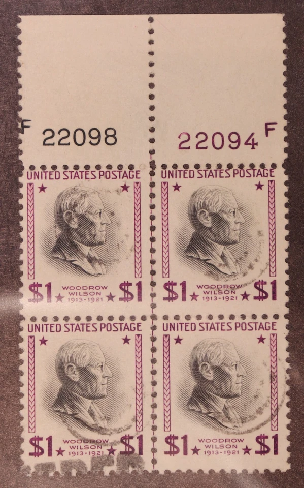 Scott 832 $1.00 Wilson Used Plate Block Of 4 Top 22098-22094 SCV $32.50 - Image 1 of 1