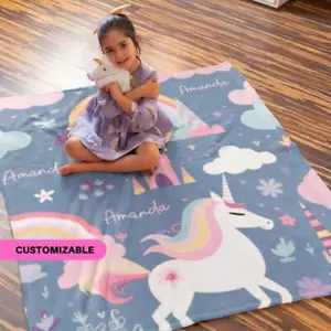 Personalized Unicorn Blanket for Kids, Custom Monogram Name Birthday Blanket - Picture 1 of 5