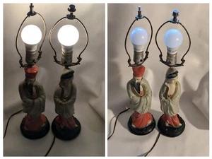 Vintage Lot of 2 Chalkware Lamp Oriental Figure Asian Lamp Male Female Working - Picture 1 of 15