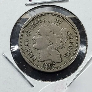 1867 P 3c Liberty Three Cent Nickel Coin Choice Fine Nearly VF Circulated - Picture 1 of 4