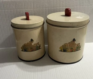 Vintage Nesco Metal Canisters Art Deco Lady Flowers Decal Set Of 2 - Picture 1 of 15