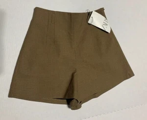 ZARA Women's Sz XS Tan Checkered High Waist Belted Shorts - Picture 1 of 6
