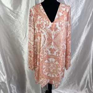 Peach & White Abstract Print Long-Sleeve Tunic Dress – Boho Resort Chic, Size M - Picture 1 of 11