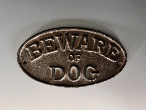 "Beware of Dog" Sign Oval Plaque made of cast iron metal Brown patina finish 7" Cover
