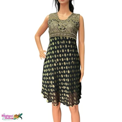 Vestido Anarkali indio hecho a mano negro dorado con cuentas formal talla pequeña Foto 1 de 4