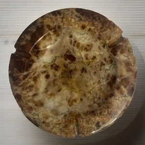 VTG MCM Carved Alabaster Ashtray Marble Stone Brown Green+Natural Edge Italy 9”D - Picture 1 of 11