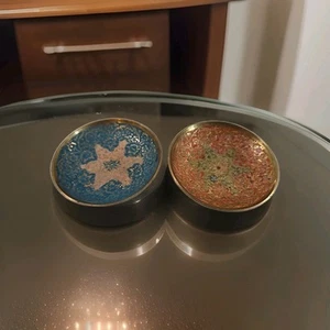VTG Brass Bowl Trinket Dish 3" Small Star-Floral Pattern Hand Painted Set Of 2 - Picture 1 of 9