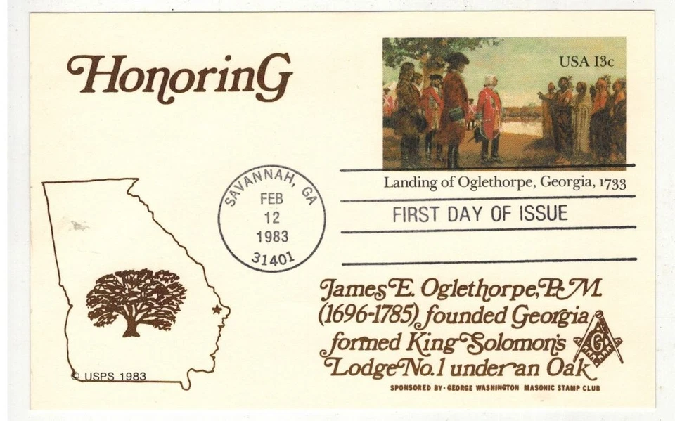 US POSTAL CARD FDC UX98 LANDING OF OGLETHORPE GEORGIA MASONIC KING SOLOMON LODGE - Image 1 of 1