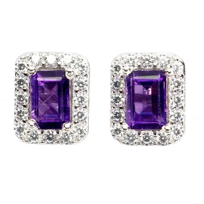 Pendientes de plata de ley 925 octágono amatista 6x4 mm joyas de piedras preciosas naturales Foto 1 de 4