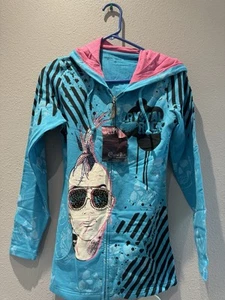 Crystal Rock By Christian Audigier Zip Up Hoodie Jacket Womens XS Blue Y2K NWT - Picture 1 of 15