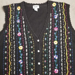Vtg Sweater Vest Black Floral Ribbon Granny Grandmacore 3XL Koret Button Front - Picture 1 of 11