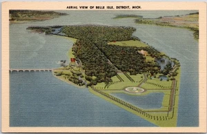 Postcard Aerial View Belle Isle Detroit MI Linen Unposted - Picture 1 of 2