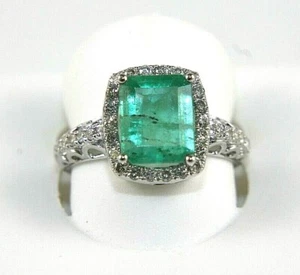Natural Square Emerald Cut & Diamond Solitaire Ring 14k White Gold 2.33Ct - Picture 1 of 7